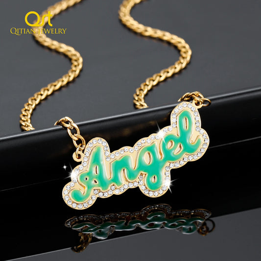 Custom Enamel Name Necklace For Women Personalized Pave Outline Iced Out Name Pendant Rhinestone Name Chain Christmas Gift